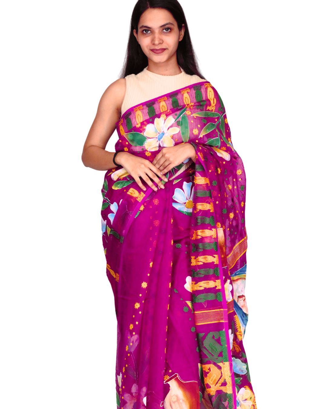 Tisser Handpainted Jamdani Cotton Saree with Blouse Piece – Purple Art