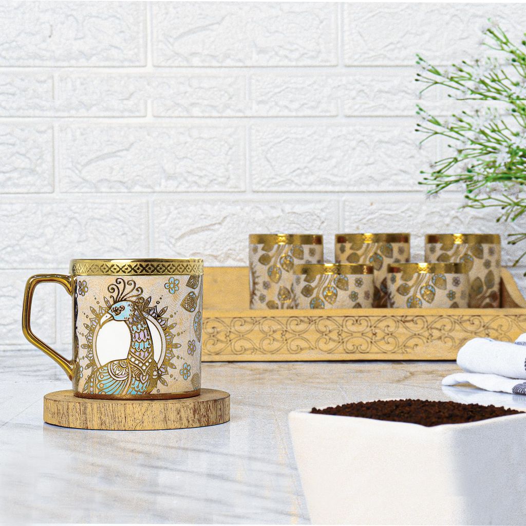 Femora Ceramic Crowned Peacock Gold Tea Mugs, Ceramic Tea Cups, Coffee Mugs (180 ml, Golden) - 6 Pcs Set