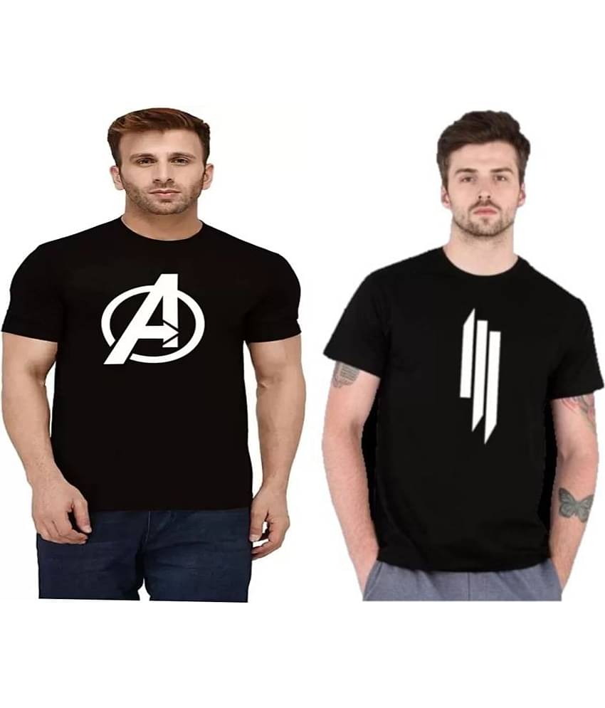 TREND SKY Polyester Regular Fit Printed Half Sleeves Men's Round T-Shirt - Black ( Pack of 2 )