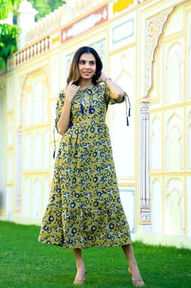 TRADITIONAL BAGRU PRINTBagru Hand Block Printed Cotton One Piece DressAttached Dori with Tussle in Neck Line/