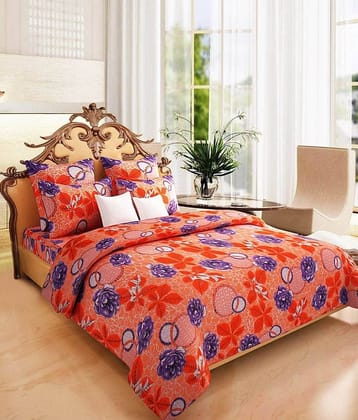 Home Candy Orange Floral Cotton Double Bedsheet With 2 Pillow Cover