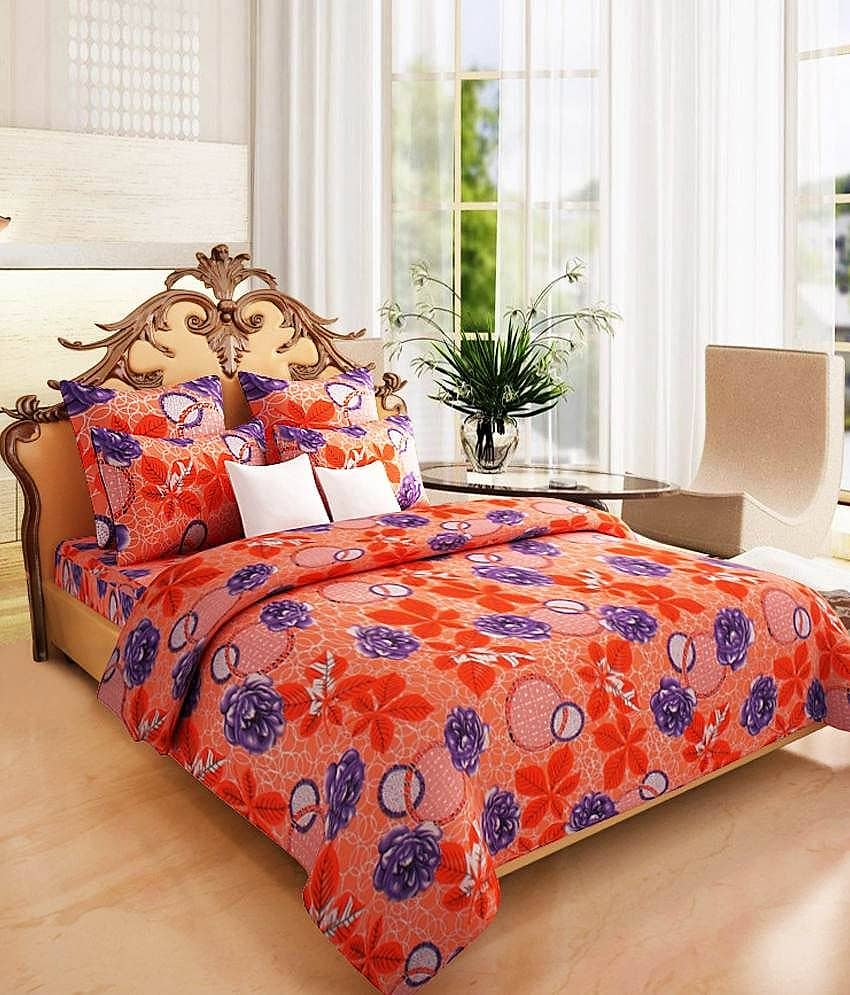 Home Candy Orange Floral Cotton Double Bedsheet With 2 Pillow Cover