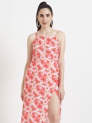 Luxury  Satin Digital Print  Maxi Dress With Slash Pocket-M