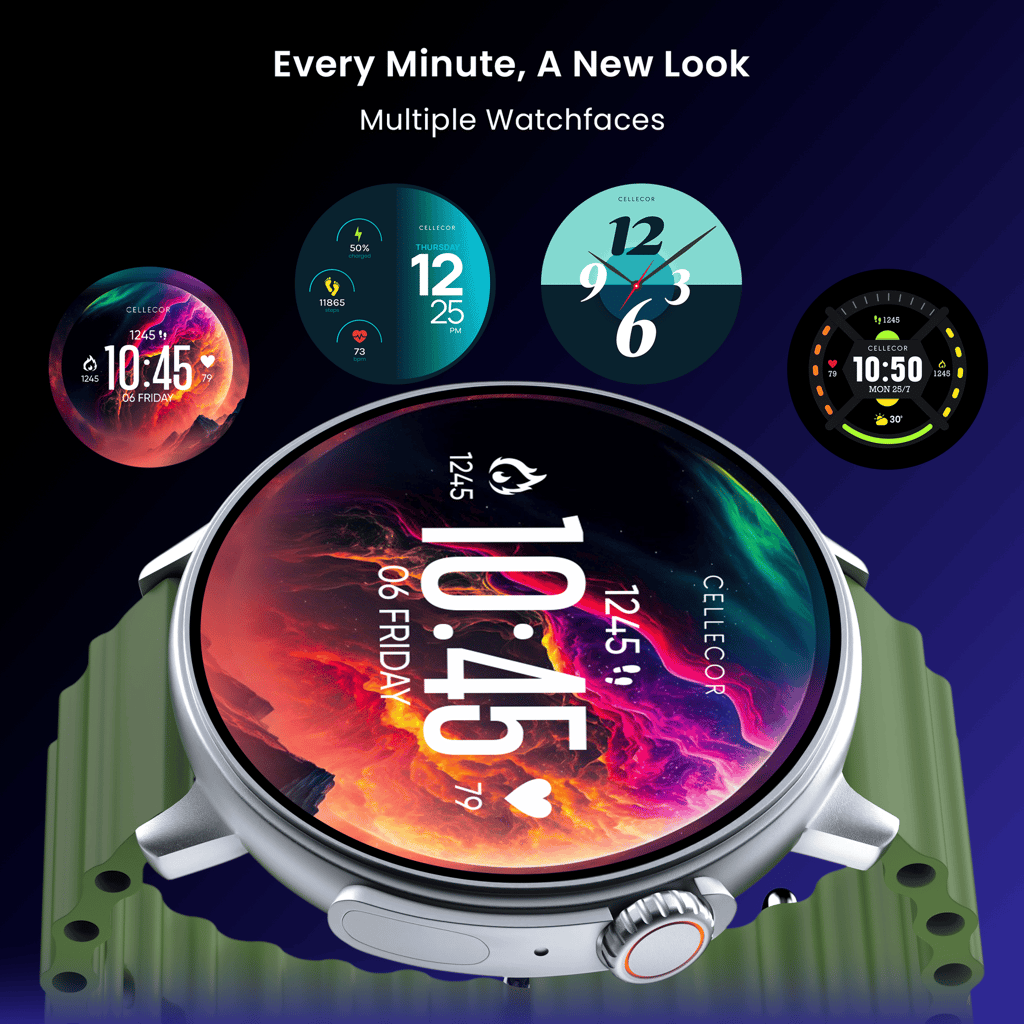 CELLECOR M7 PRO RAY 1.43" AMOLED Display | 700 NITS | AOD | BT-Calling | AI Voice | Split Screen | IP67 | Rotating Crown | SmartWatch (Black Green)