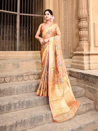Orange Pure Kota Doria Floral Pattern Saree