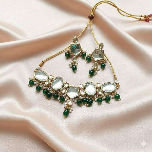 Green Kundan Choker Necklace Set with Earrings Women Traditional Jewellery