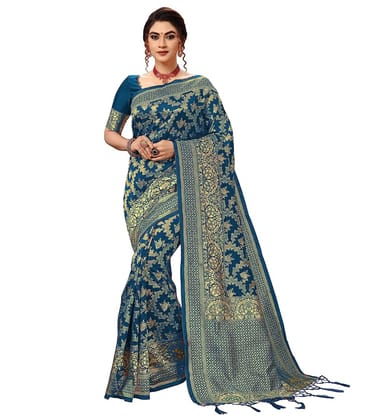 Women's Damask Pattern Jacquard Woven Banarasi Art Silk Saree with Unstitched Blouse Piece (Teal Blue, 5 - 6 Mtrs)
