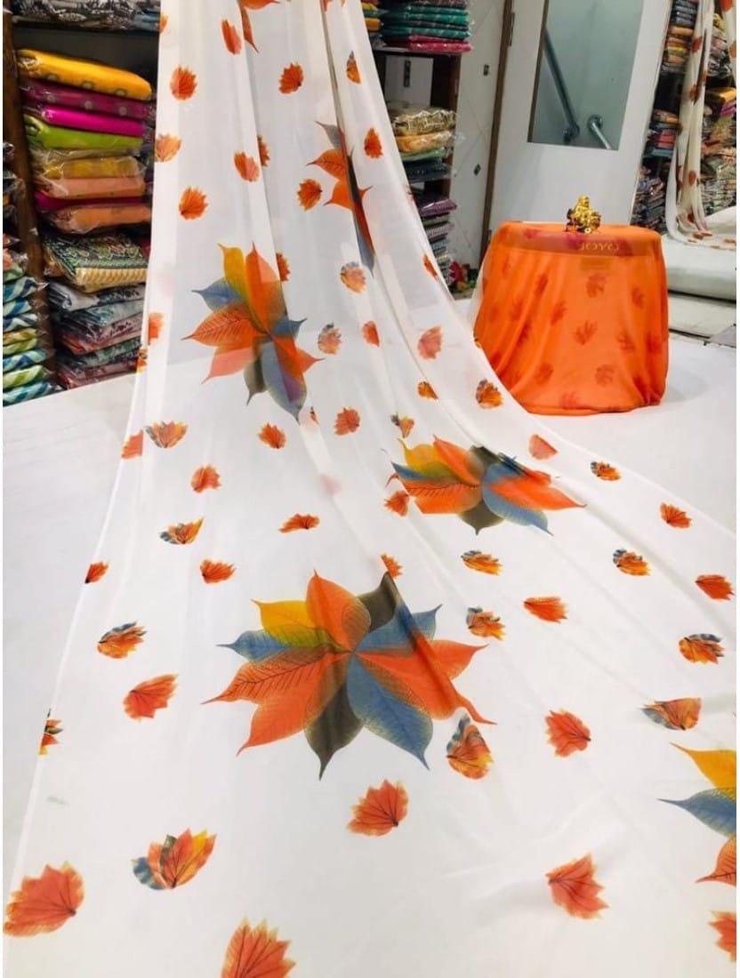 Women's Georgette Printed Saree with Unstitched Blouse (Orange)