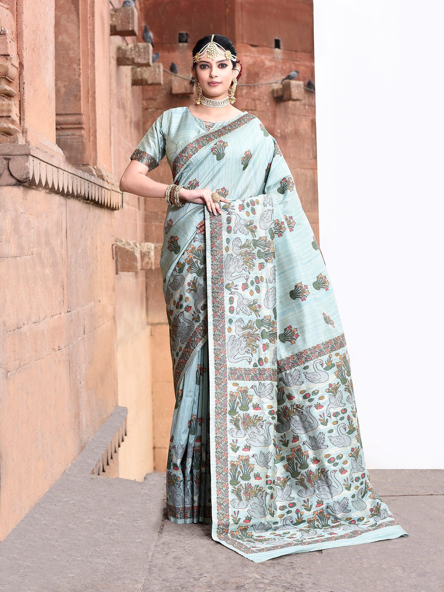 Aqua Blue Pure Tussar Silk Kantha Work Saree