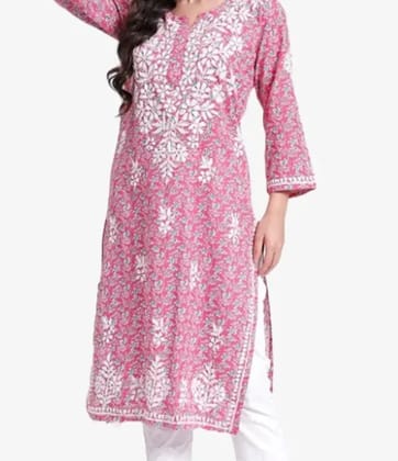 Lucknowi Chikankari Hand Embroidered Pure Cotton Printed Rose Pink Kurti