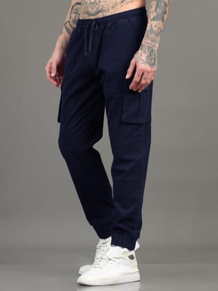 Men Cotton Regular Fit Cargo Joggers, NAVY BLUE-Navy Blue / 34