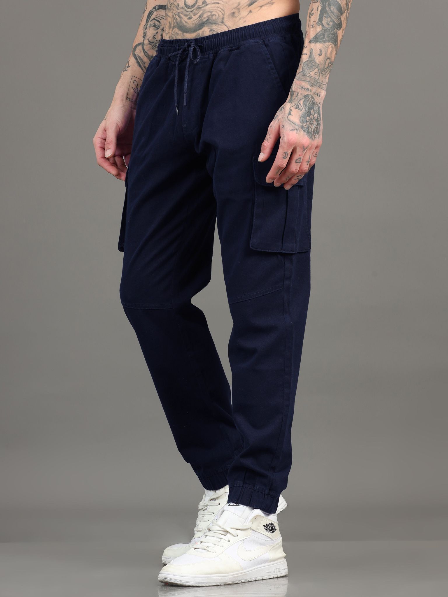 Men Cotton Regular Fit Cargo Joggers, NAVY BLUE-Navy Blue / 34