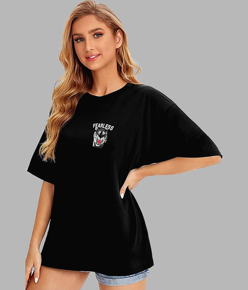 Trond Women Cotton Blend Printed Oversized Fit Round Neck T-Shirt ( Black )