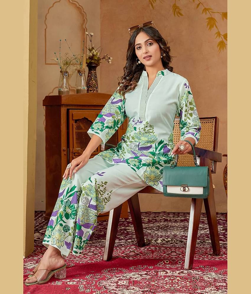 Women Basket Women Printed Tunic With Trousers Co-Ord Set ( Green )