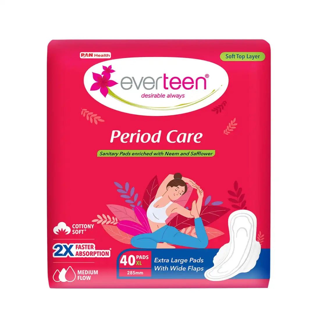 everteen Period Care XL Soft 40 Sanitary Pads Enriched with Neem and Safflower For Medium Flow-1 Pack