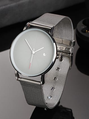 Sleek Grey Analog Round Dial With Metal Mesh Strap-Watches