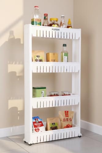 FLIPZON Slim Rolling Storage Rack – 4-Tiered Shelf Plastic Slide-Out Organizer