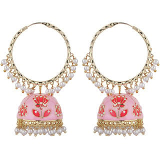 Lotus Jhumki Brass Bali Copper Material Drop Hook Earrings for Women's Fashion Jewelry Earrings Loop Gold  Pink