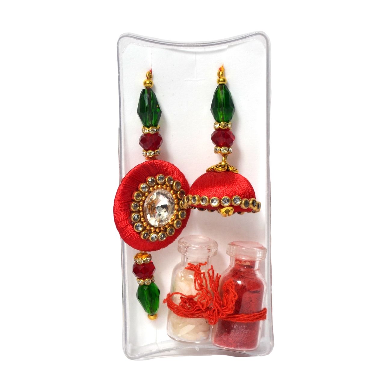 Exquisite Handmade Silk & Kundan Rakhi Combo for Bhaiya & Bhabhi - Includes Roli & Akshat - Perfect for Raksha Bandhan