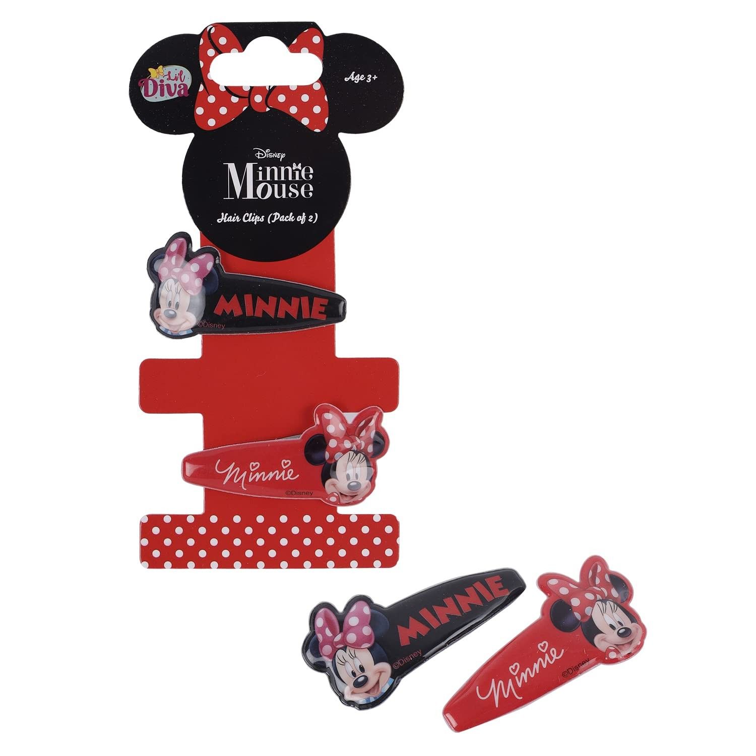 Li'l Diva Minnie Mouse Pack of 2 Red and Black Clips With Bow For Girls 3 Years and Above