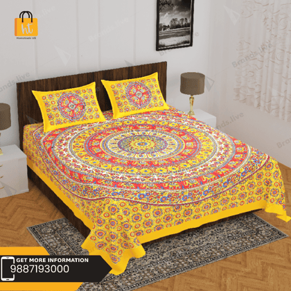 The Bedsheet Adda Standard Queen Size Pure Cotton Jaipuri Printed Economic Double Bedsheet with Two Pillow Covers- ARTICLE-1034