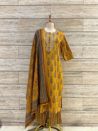 Tira Pure Cotton Pittan Embroidery Jaipuri Print Suit-Yellow-M