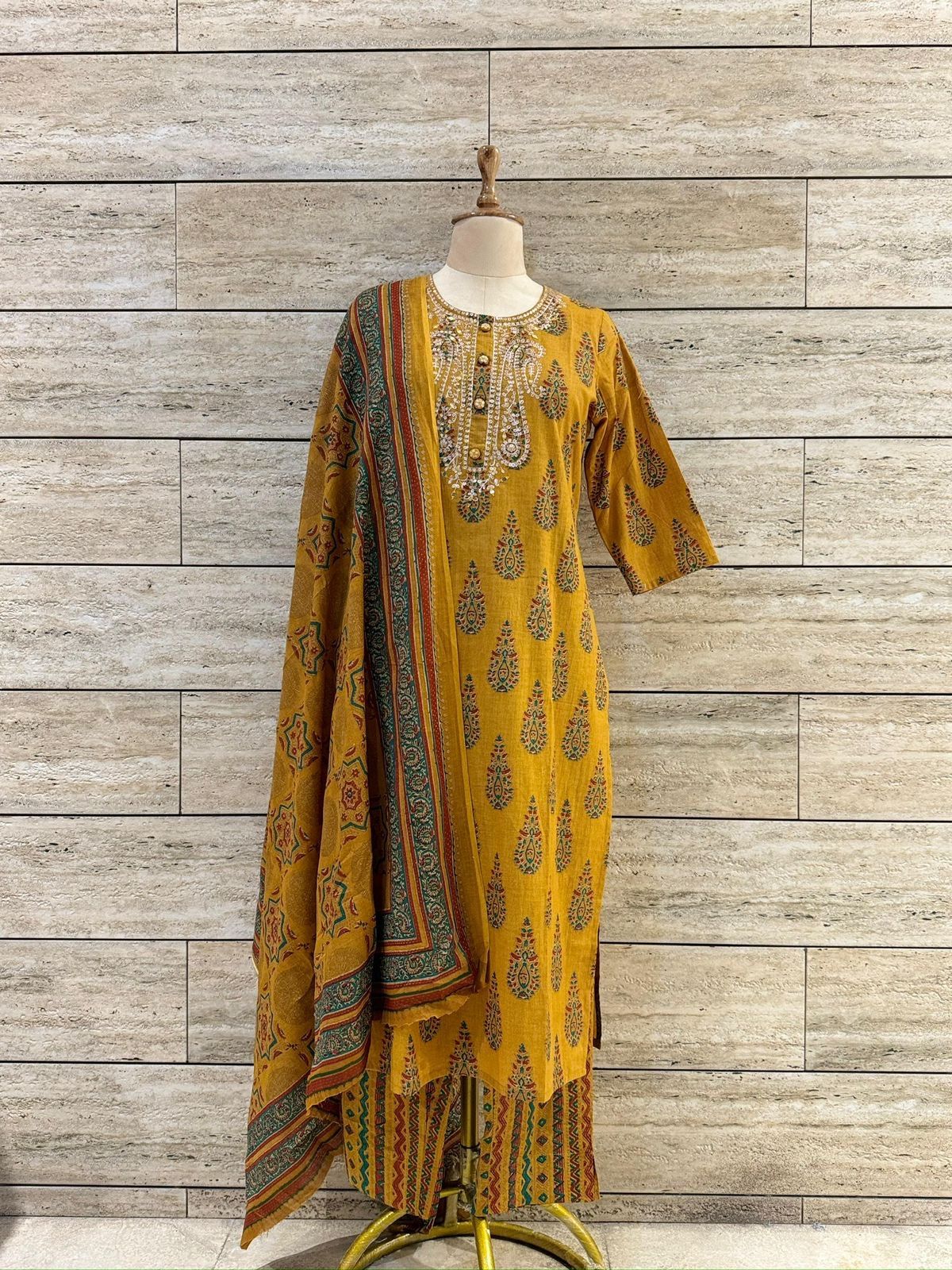 Tira Pure Cotton Pittan Embroidery Jaipuri Print Suit-Yellow-M