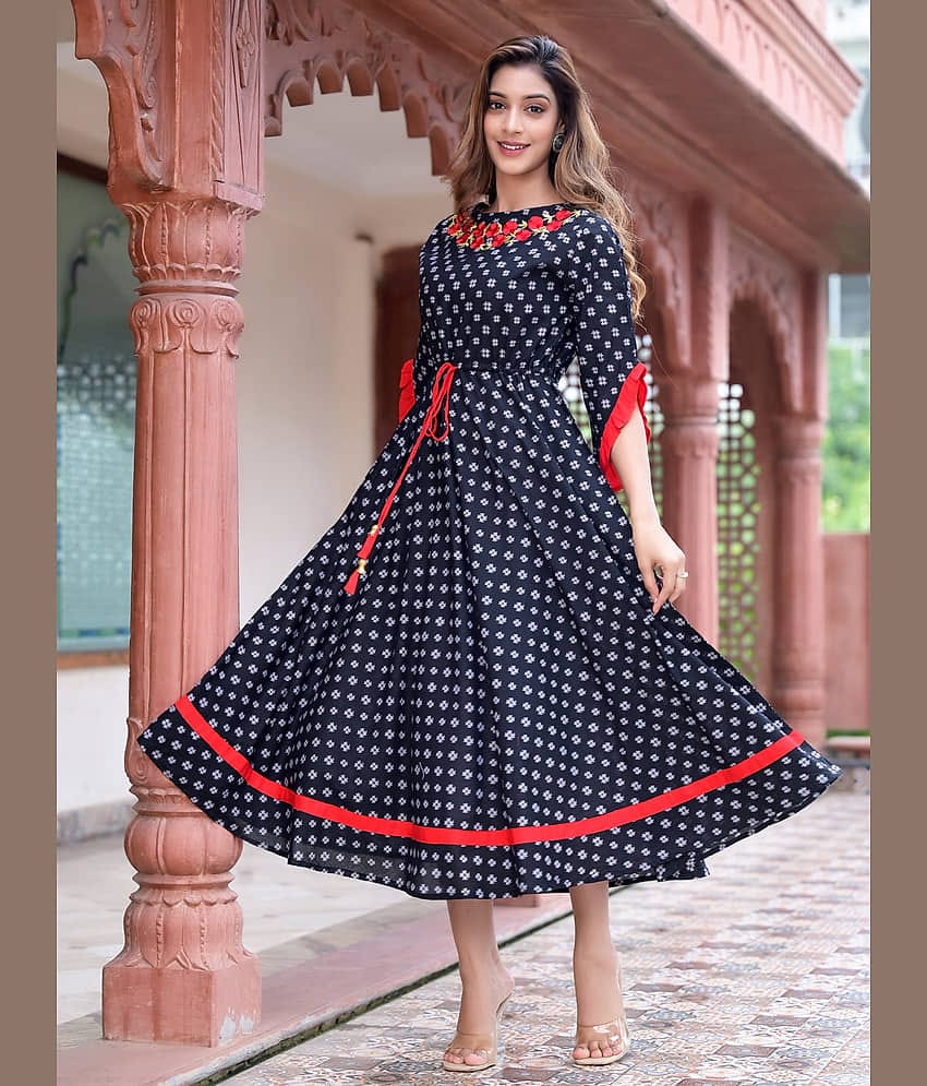 Yash Gallery Cotton Printed Anarkali Women's Kurti - Black ( Pack of 1 )