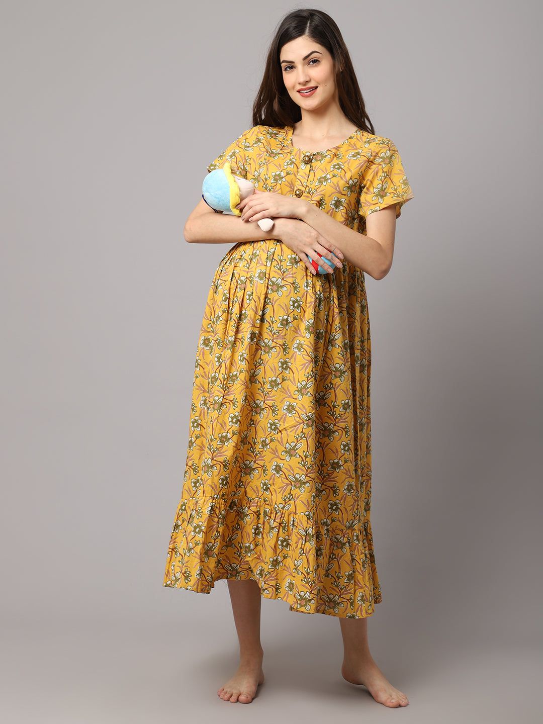 Women's Cotton Floral Printed Pre and Post Maternity Dress-M / Yellow