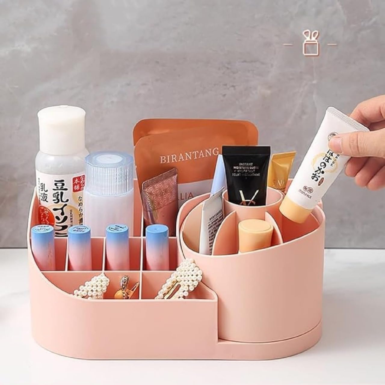 Giftora Makeup Organizer with 16 Grids and Drawer, 360 Rotating Cosmetic Storage Box, Plastic Vanity Holder for Lipsticks, Brushes, Skincare Products, Dressing Table Organizer