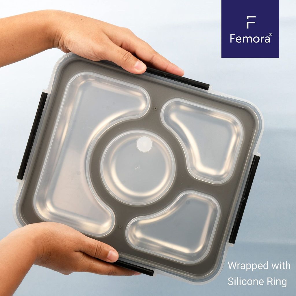 Femora High Steel Container Rectangle Lunch Box for Office-College-School - (Not Leakproof) (4 Pots) - Black