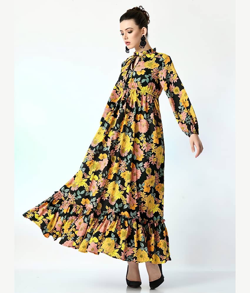 Femvy Women Polyester Printed Fit & Flare Dress ( Yellow )