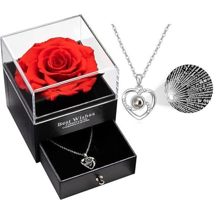 Panchhi Store Valentine Gift for Girlfriend, Gift Items for Wife Preserved Real Red Rose With Necklace, Gifting iIems for Women on Valentine, Marriage, Anniversary