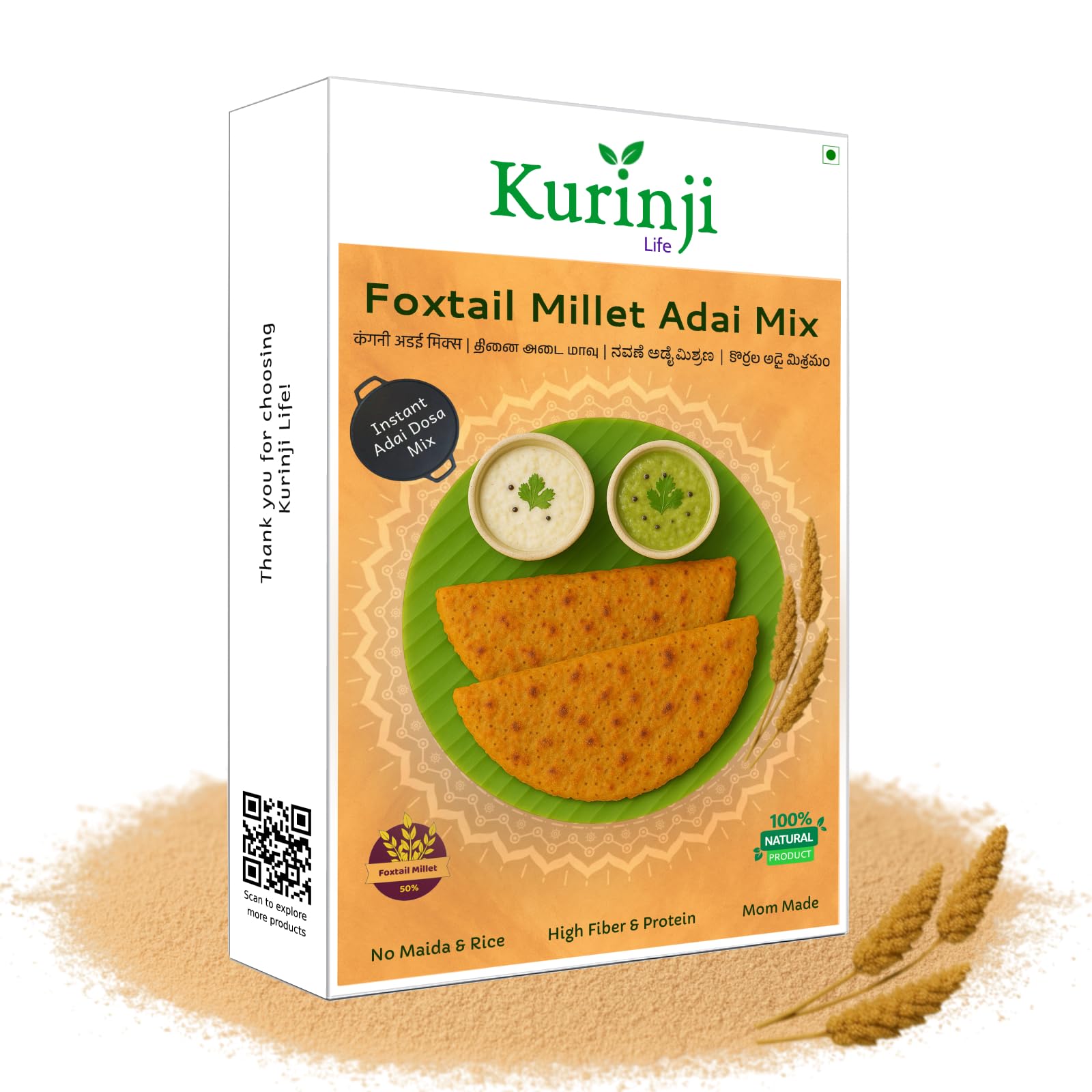 Kurinji Life Foxtail Adai Mix (Thinai Adai Mix) – Traditional Millet Breakfast Mix | Naturally Fiber-Rich | Made with Foxtail Millet | Light and wholesome meal | No Added Sugar | 300g