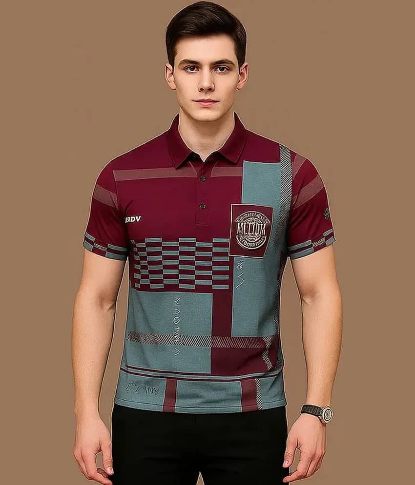 Garimaknitwear Men Cotton Blend Regular Fit Printed Polo T Shirt ( Maroon )