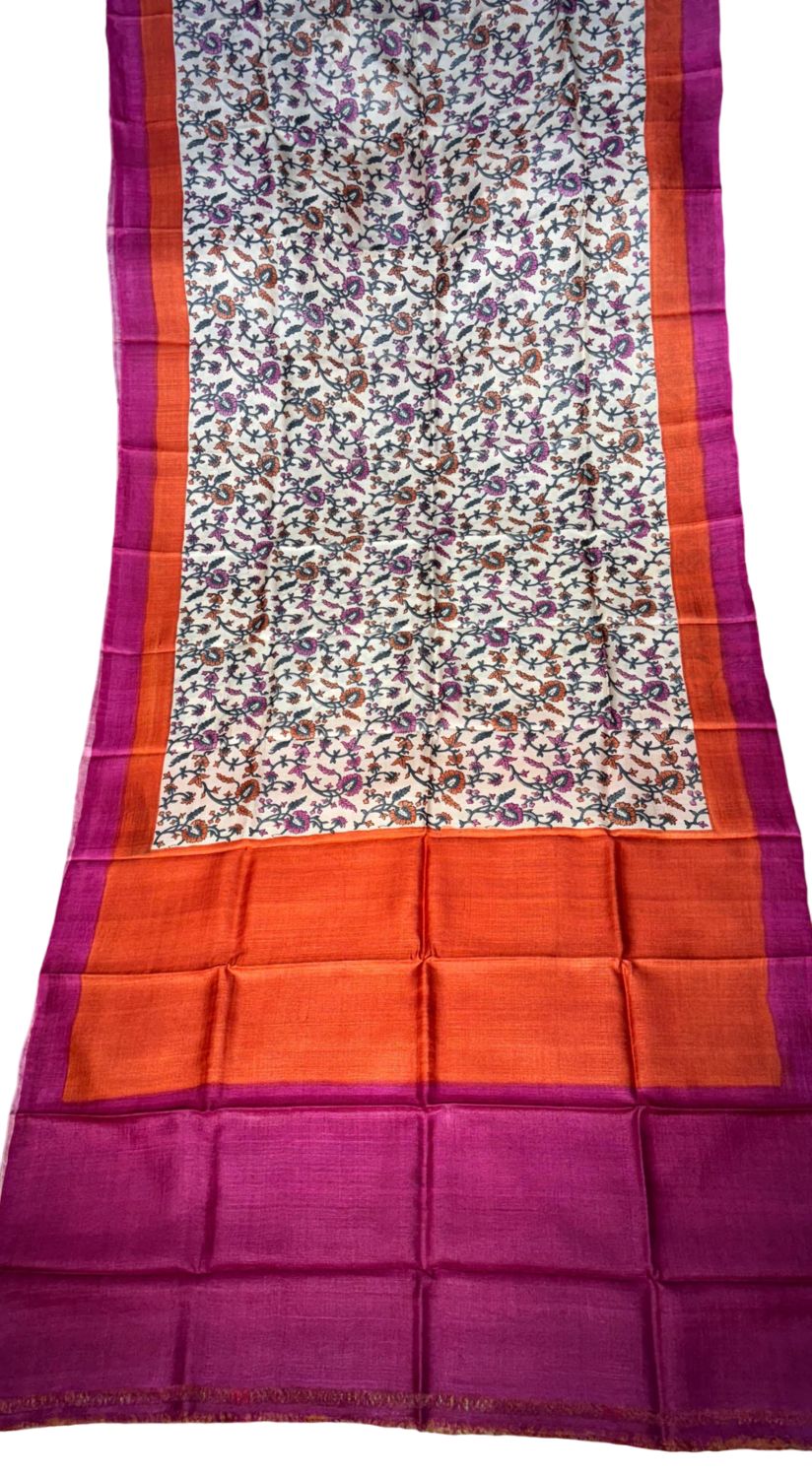 Elegant Handblock Printed Tassel Silk Scarf - Vibrant Floral Design