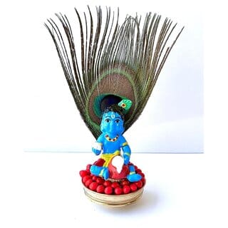 Guruvayoor Lord Unnikannan with Bronze Oruli(Otturuli)  Peacock FeatherMayilpeeliRosary PeaKunnikuru - Perfect for Pooja Room, Living Room, Devotional Spaces  Car Decor