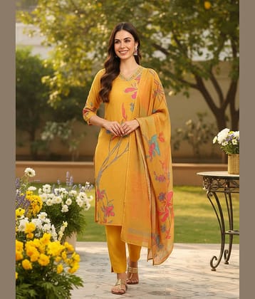 Vaamsi Women Silk Blend Printed Straight Kurti With Pants ( Mustard )