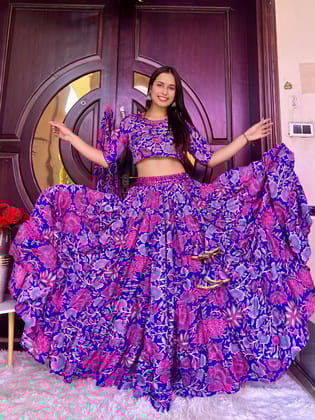 Blue Floral Printed Lehenga Set-S
