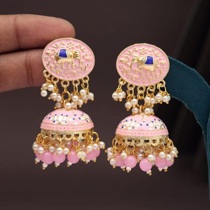 Pink Color Meenakari Earrings (MKE1999PNK)-Length: 6.00 CM x Width: 2.50 CM / Pink / Alloy With Good Quality Gold Plated
