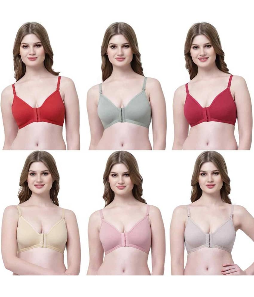 Softskin Pack of 6 Cotton Blend Non Padded Women's T-Shirt Bra ( Multicolor ) FRONT OPEN