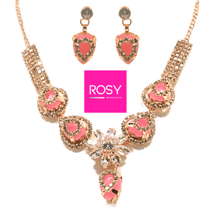 ROSY Handcrafted Rose Gold Plated Heart Pendant Necklace Set with Matching Earrings | American Diamonds | Pink Accents