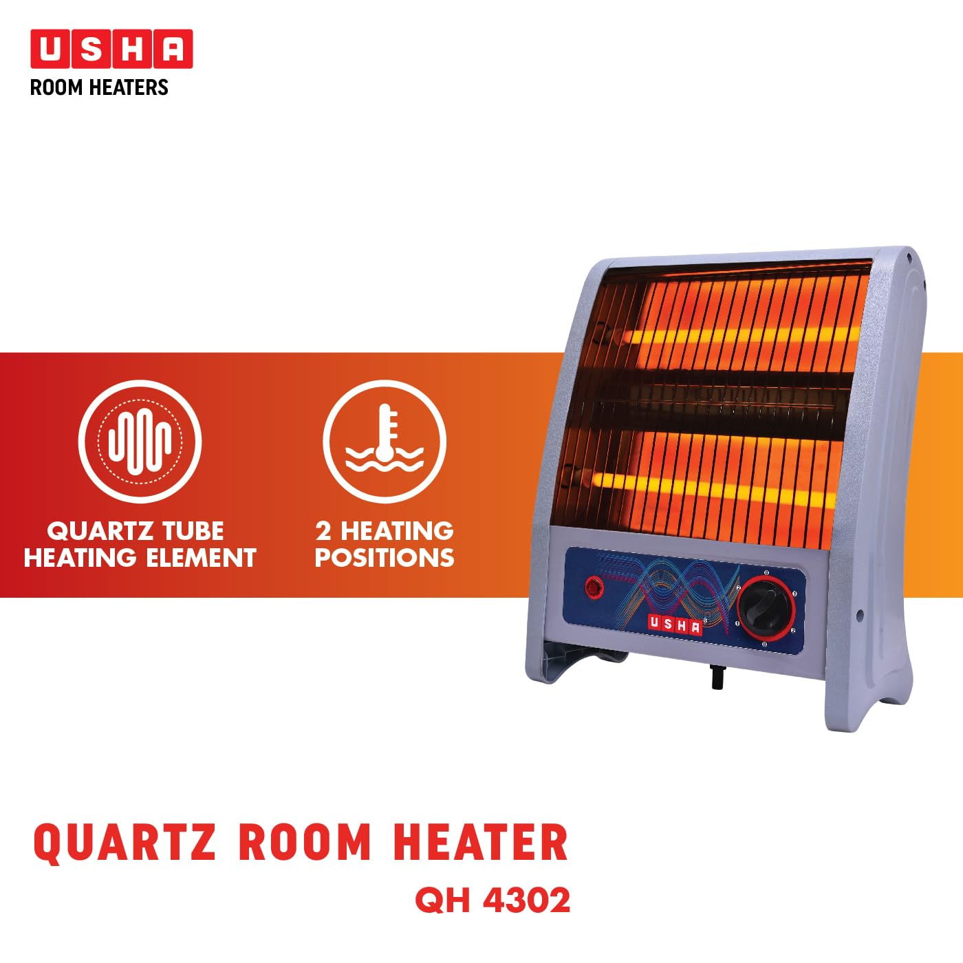 2 Rod 800 Watt Quartz Heater with Low Power Consumption and Tip Over Protection (4302, Grey)