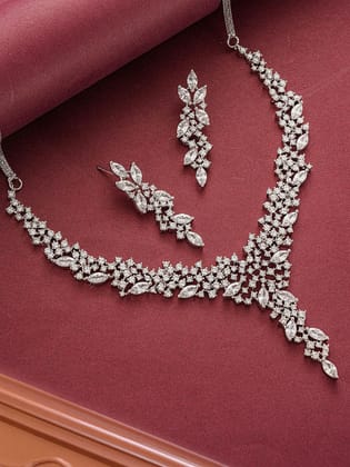 Silver Toned White AD Zircon Statement Cocktail Necklace Jewellery Set
