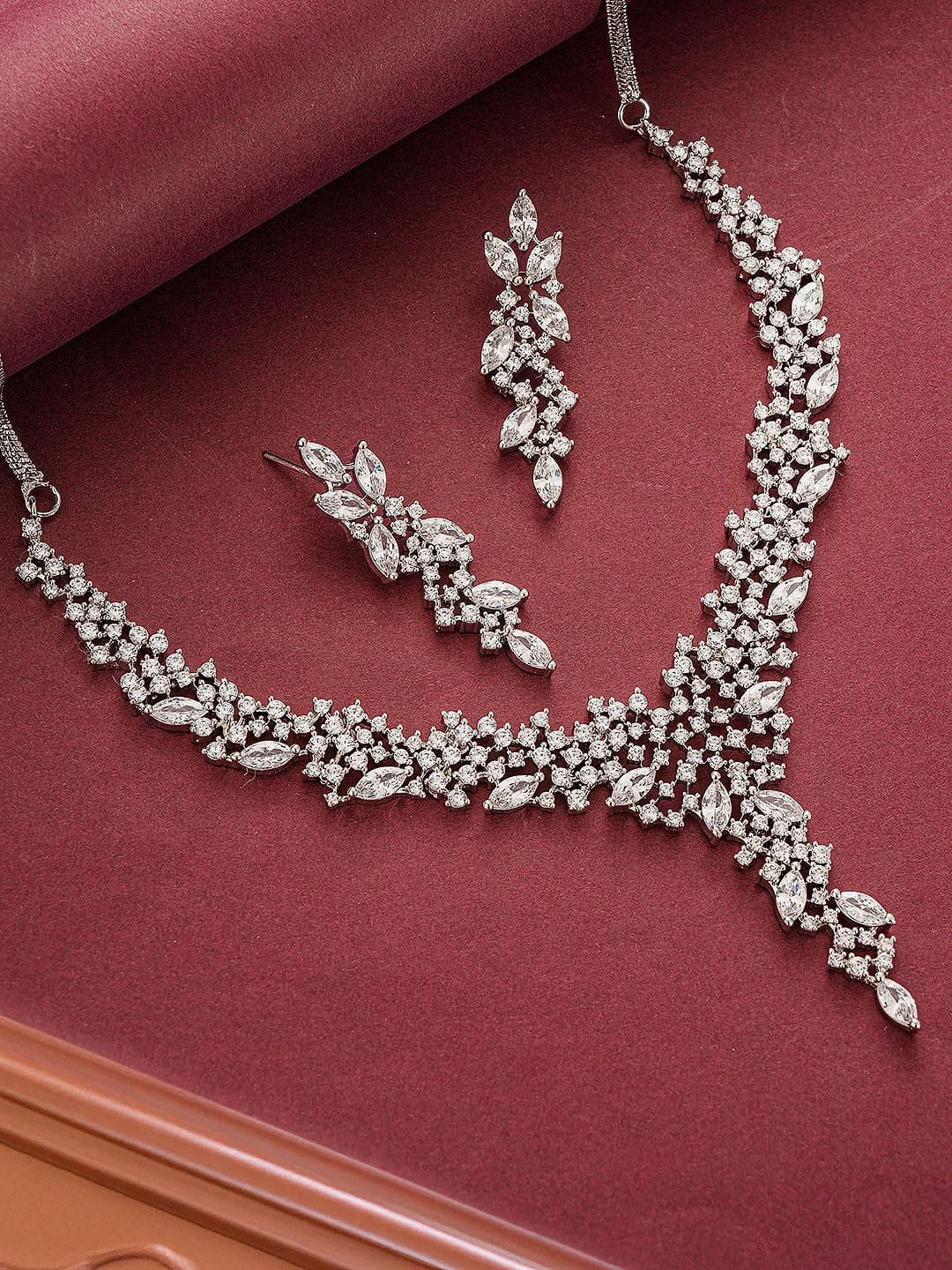 Silver Toned White AD Zircon Statement Cocktail Necklace Jewellery Set