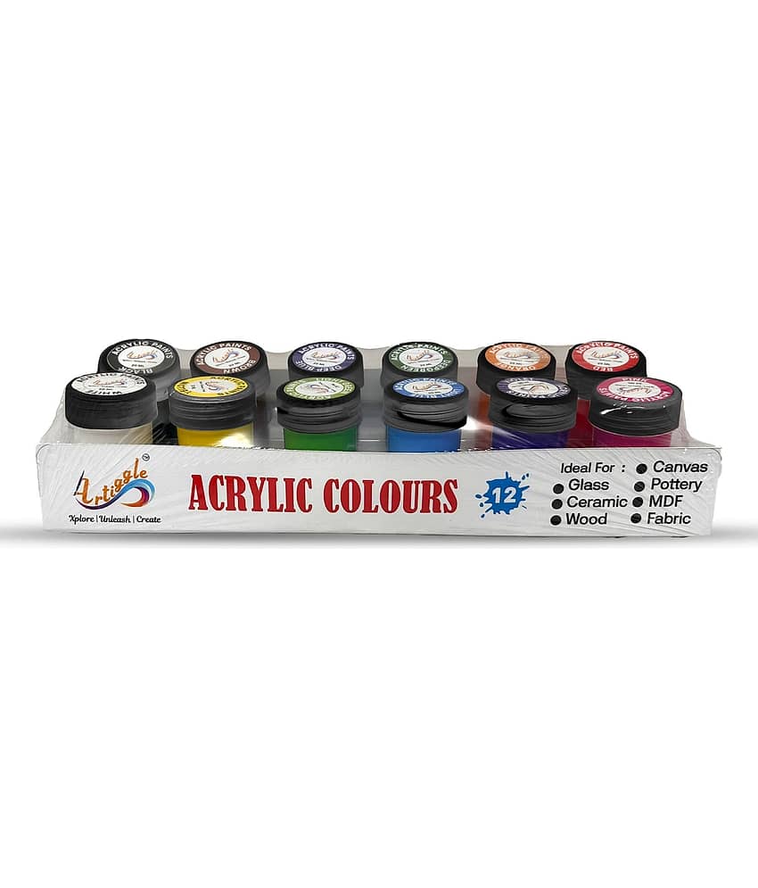 Artiggle Acrylic Colours | 12 Colours x 20 ml | Primary + Secondary | DIY Paint, Rich Pigment | Multicolour & Multi-surface | Non-Cracking Paint for Canvas, Wood, Leather, Earthenware, Metal .