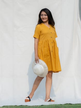 Rock 'n' Roll Yellow Solid Cotton Knee Length Dress-XS