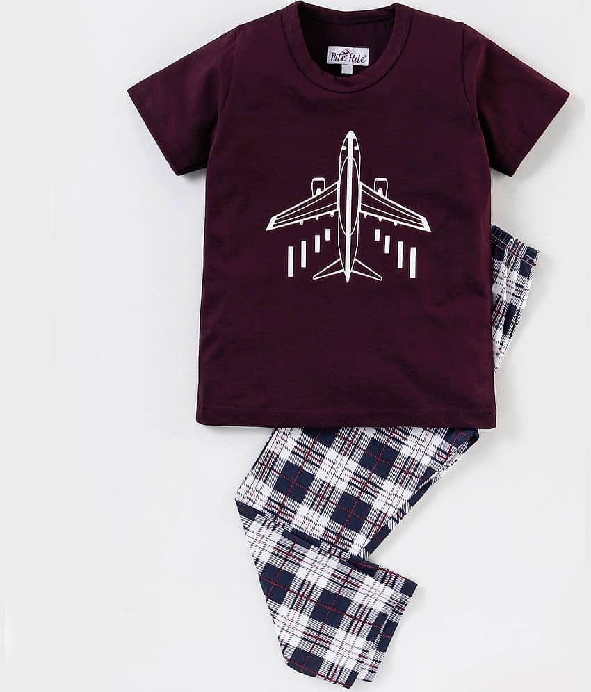 Nite Flite Pack of 1 Boys 100% Cotton Nightsuit Set ( Multi Color )