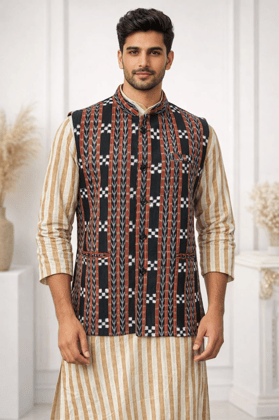Bivabari Sambalpuri Handloom Nehru Jacket | Black | S | Ikat Pattern, Cotton Fabric | Ethnic Wear