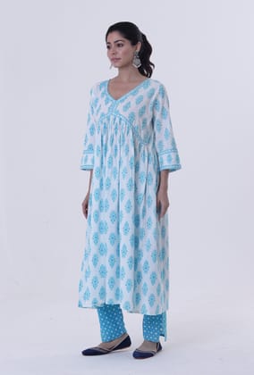White Cotton Kurta with Blue Motif-XL